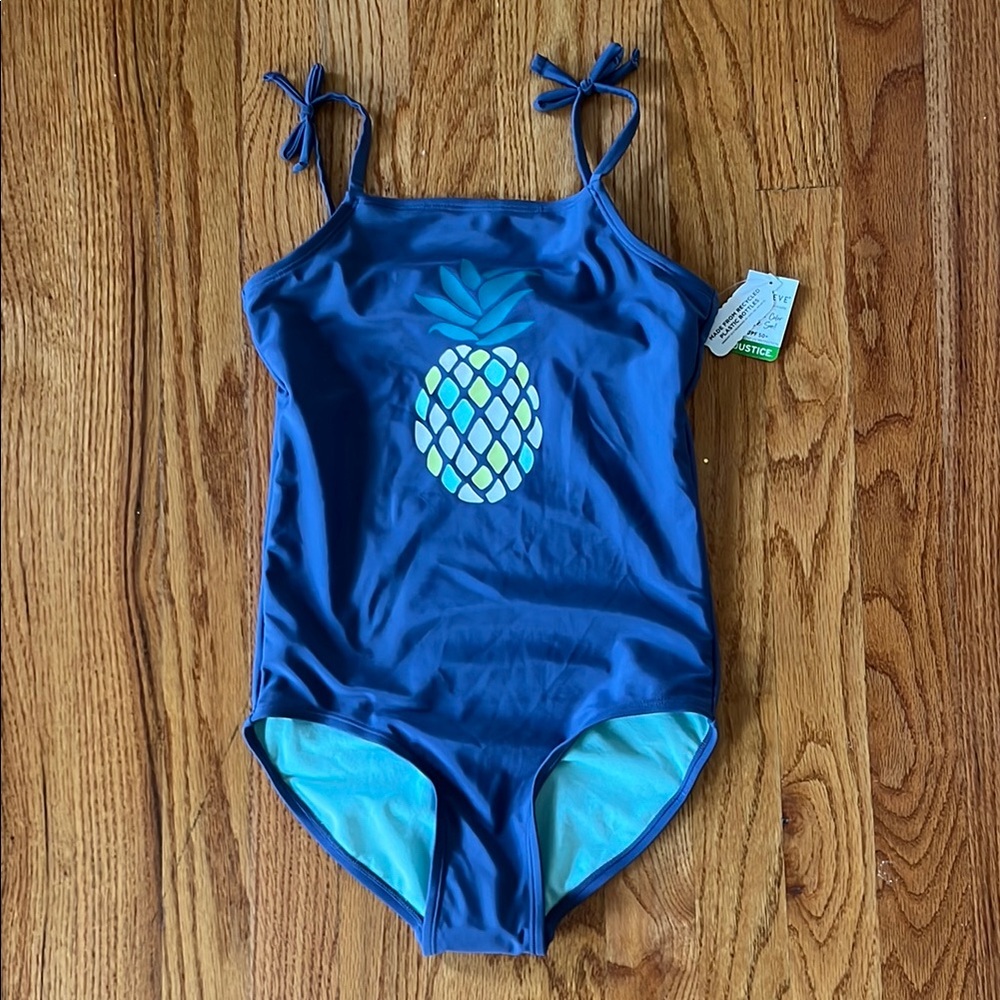 NWT Justice Blue One Piece Pineapple Swimsuit girls size 12